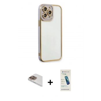 MARSİLYAN™- iPhone 13 Pro Max Kılıf Çekirdek Klasik Serisi - Şeffaf Pasifik Cam Ekran Koruyucu + Pers Alüminyum Kamera Lens - GD