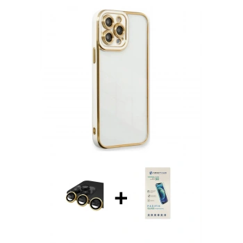 MARSİLYAN™- iPhone 13 Pro Max Kılıf Çekirdek Klasik Serisi - Şeffaf Pasifik Cam Ekran Koruyucu + Raze Metal Kamera Lens - GD