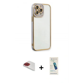 MARSİLYAN™- iPhone 13 Pro Max Kılıf Çekirdek Klasik Serisi - Şeffaf Pasifik Cam Ekran Koruyucu + Pers Alüminyum Kamera Lens - KI