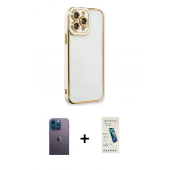 MARSİLYAN™- iPhone 13 Pro Max Kılıf Çekirdek Klasik Serisi - Şeffaf Pasifik Cam Ekran Koruyucu + Neon Fosforlu Kamera Lens - MI