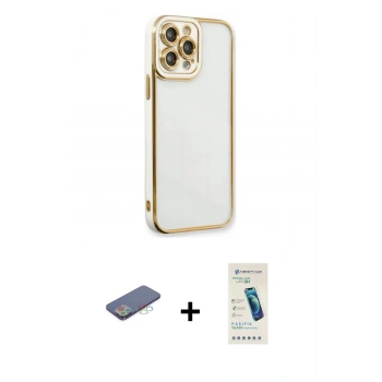 MARSİLYAN™- iPhone 13 Pro Max Kılıf Çekirdek Klasik Serisi - Şeffaf Pasifik Cam Ekran Koruyucu + Renkli Kamera Lens Koruma Cam - MI