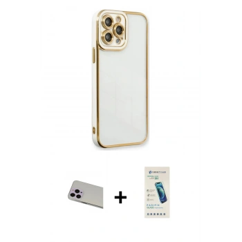 MARSİLYAN™- iPhone 13 Pro Max Kılıf Çekirdek Klasik Serisi - Şeffaf Pasifik Cam Ekran Koruyucu + Rainbow Kamera Lens Koruma Cam - MR