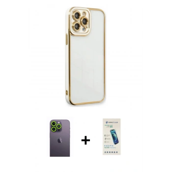 MARSİLYAN™- iPhone 13 Pro Max Kılıf Çekirdek Klasik Serisi - Şeffaf Pasifik Cam Ekran Koruyucu + Neon Fosforlu Kamera Lens - YL