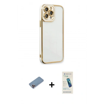 MARSİLYAN™- iPhone 13 Pro Max Kılıf Çekirdek Klasik Serisi - Şeffaf Pasifik Cam Ekran Koruyucu + Shine Kamera Lens Koruma Cam - PE