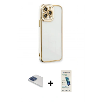 MARSİLYAN™- iPhone 13 Pro Max Kılıf Çekirdek Klasik Serisi - Şeffaf Pasifik Cam Ekran Koruyucu + Pers Alüminyum Kamera Lens - LT