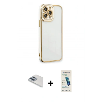 MARSİLYAN™- iPhone 13 Pro Max Kılıf Çekirdek Klasik Serisi - Şeffaf Pasifik Cam Ekran Koruyucu + Pers Alüminyum Kamera Lens - SABE