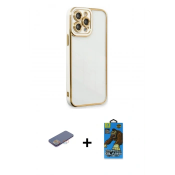 MARSİLYAN™- iPhone 13 Pro Max Kılıf Çekirdek Klasik Serisi - Siyah 18D Cam Ekran Koruyucu + Renkli Kamera Lens Koruma Cam - PE