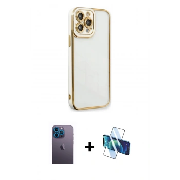 MARSİLYAN™- iPhone 13 Pro Max Kılıf Çekirdek Klasik Serisi - Siyah 3D Antistatik Cam Ekran Koruyucu + Neon Fosforlu Kamera Lens - MI