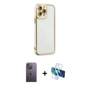 MARSİLYAN™- iPhone 13 Pro Max Kılıf Çekirdek Klasik Serisi - Siyah 3D Antistatik Cam Ekran Koruyucu + Neon Fosforlu Kamera Lens - BZ