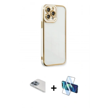 MARSİLYAN™- iPhone 13 Pro Max Kılıf Çekirdek Klasik Serisi - Siyah 3D Antistatik Cam Ekran Koruyucu + Pers Alüminyum Kamera Lens - SABE
