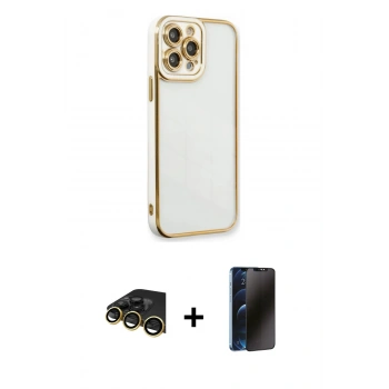 MARSİLYAN™- iPhone 13 Pro Max Kılıf Çekirdek Klasik Serisi - Siyah 3D Antistatik Hayalet Cam Ekran Koruyucu + Raze Metal Kamera Lens - GD