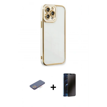 MARSİLYAN™- iPhone 13 Pro Max Kılıf Çekirdek Klasik Serisi - Siyah 3D Antistatik Hayalet Cam Ekran Koruyucu + Renkli Kamera Lens Koruma Cam - PE