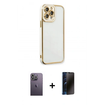 MARSİLYAN™- iPhone 13 Pro Max Kılıf Çekirdek Klasik Serisi - Siyah 3D Antistatik Hayalet Cam Ekran Koruyucu + Neon Fosforlu Kamera Lens - BZ