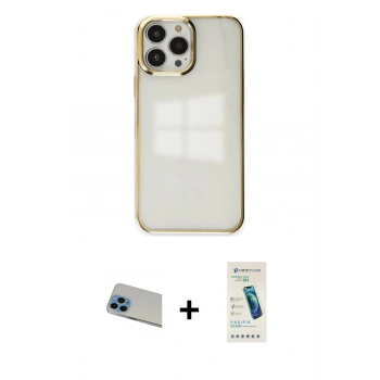 MARSİLYAN™- iPhone 13 Pro Max Kılıf Doruk Doku Prime - Şeffaf Pasifik Cam Ekran Koruyucu + Rainbow Kamera Lens Koruma Cam - MI