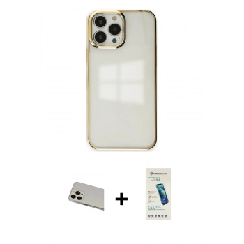 MARSİLYAN™- iPhone 13 Pro Max Kılıf Doruk Doku Prime - Şeffaf Pasifik Cam Ekran Koruyucu + Rainbow Kamera Lens Koruma Cam - REGD