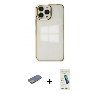 MARSİLYAN™- iPhone 13 Pro Max Kılıf Doruk Doku Prime - Şeffaf Pasifik Cam Ekran Koruyucu + Renkli Kamera Lens Koruma Cam - SI