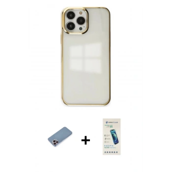MARSİLYAN™- iPhone 13 Pro Max Kılıf Doruk Doku Prime - Şeffaf Pasifik Cam Ekran Koruyucu + Shine Kamera Lens Koruma Cam - PE