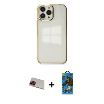 MARSİLYAN™- iPhone 13 Pro Max Kılıf Doruk Doku Prime - Siyah 18D Cam Ekran Koruyucu + Rainbow Kamera Lens Koruma Cam - KI
