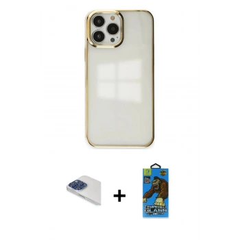 MARSİLYAN™- iPhone 13 Pro Max Kılıf Doruk Doku Prime - Siyah 18D Cam Ekran Koruyucu + Pers Alüminyum Kamera Lens - LT