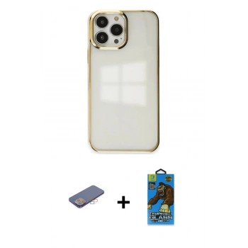 MARSİLYAN™- iPhone 13 Pro Max Kılıf Doruk Doku Prime - Siyah 18D Cam Ekran Koruyucu + Renkli Kamera Lens Koruma Cam - PE