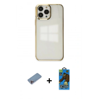 MARSİLYAN™- iPhone 13 Pro Max Kılıf Doruk Doku Prime - Siyah 18D Cam Ekran Koruyucu + Shine Kamera Lens Koruma Cam - PE