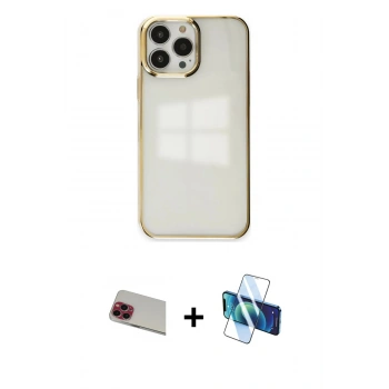 MARSİLYAN™- iPhone 13 Pro Max Kılıf Doruk Doku Prime - Siyah 3D Antistatik Cam Ekran Koruyucu + Rainbow Kamera Lens Koruma Cam - KI