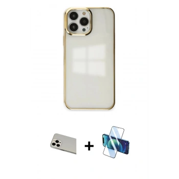 MARSİLYAN™- iPhone 13 Pro Max Kılıf Doruk Doku Prime - Siyah 3D Antistatik Cam Ekran Koruyucu + Rainbow Kamera Lens Koruma Cam - BZ