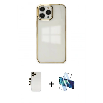 MARSİLYAN™- iPhone 13 Pro Max Kılıf Doruk Doku Prime - Siyah 3D Antistatik Cam Ekran Koruyucu + Shine Kamera Lens - GD