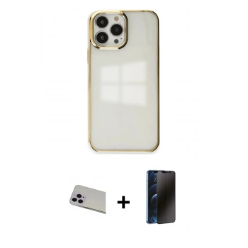 MARSİLYAN™- iPhone 13 Pro Max Kılıf Doruk Doku Prime - Siyah 3D Antistatik Hayalet Cam Ekran Koruyucu + Rainbow Kamera Lens Koruma Cam - MR