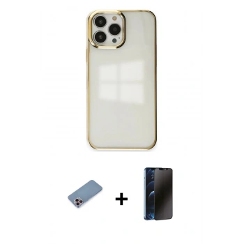 MARSİLYAN™- iPhone 13 Pro Max Kılıf Doruk Doku Prime - Siyah 3D Antistatik Hayalet Cam Ekran Koruyucu + Shine Kamera Lens Koruma Cam - PE