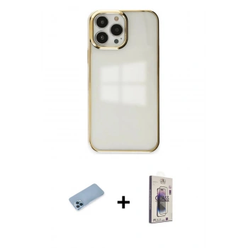 MARSİLYAN™- iPhone 13 Pro Max Kılıf Doruk Doku Prime - Siyah Bilvis 3D Cam Ekran Koruyucu + Shine Kamera Lens Koruma Cam - MI