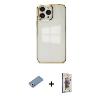 MARSİLYAN™- iPhone 13 Pro Max Kılıf Doruk Doku Prime - Siyah Bilvis 3D Cam Ekran Koruyucu + Shine Kamera Lens Koruma Cam - PE