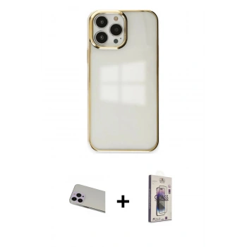 MARSİLYAN™- iPhone 13 Pro Max Kılıf Doruk Doku Prime - Siyah Bilvis 3D Cam Ekran Koruyucu + Rainbow Kamera Lens Koruma Cam - MR