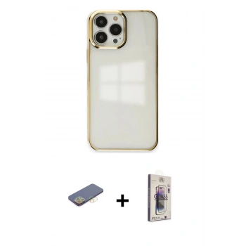 MARSİLYAN™- iPhone 13 Pro Max Kılıf Doruk Doku Prime - Siyah Bilvis 3D Cam Ekran Koruyucu + Renkli Kamera Lens Koruma Cam - SI
