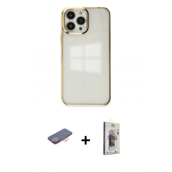 MARSİLYAN™- iPhone 13 Pro Max Kılıf Doruk Doku Prime - Siyah Bilvis 3D Cam Ekran Koruyucu + Renkli Kamera Lens Koruma Cam - TU