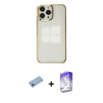 MARSİLYAN™- iPhone 13 Pro Max Kılıf Doruk Doku Prime - Siyah Bilvis 5in1 3D Magic Cam Ekran Koruyucu + Shine Kamera Lens Koruma Cam - MI