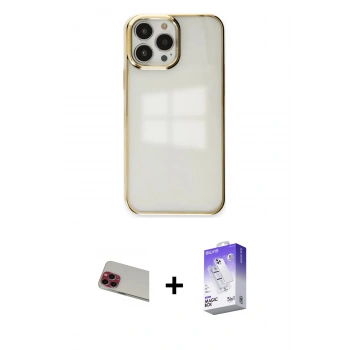 MARSİLYAN™- iPhone 13 Pro Max Kılıf Doruk Doku Prime - Siyah Bilvis 5in1 3D Magic Cam Ekran Koruyucu + Rainbow Kamera Lens Koruma Cam - KI