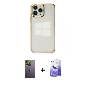 MARSİLYAN™- iPhone 13 Pro Max Kılıf Doruk Doku Prime - Siyah Bilvis 5in1 5D Magic Hayalet Cam Ekran Koruyucu + Neon Fosforlu Kamera Lens - YL