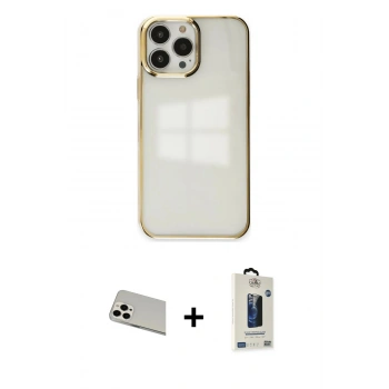MARSİLYAN™- iPhone 13 Pro Max Kılıf Doruk Doku Prime - Siyah Bilvis Hayalet Cam Ekran Koruyucu + Rainbow Kamera Lens Koruma Cam - BZ
