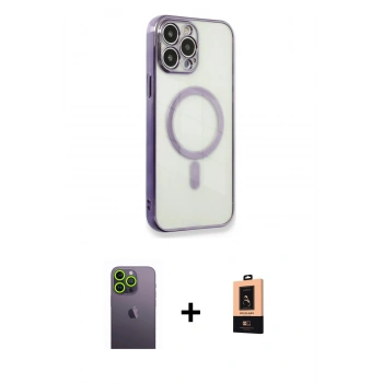MARSİLYAN™- iPhone 13 Pro Max Kılıf Doruk Minimal - Şeffaf Maxco Cam Ekran Koruyucu + Neon Fosforlu Kamera Lens - YL