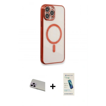 MARSİLYAN™- iPhone 13 Pro Max Kılıf Doruk Minimal - Şeffaf Pasifik Cam Ekran Koruyucu + Rainbow Kamera Lens Koruma Cam - MR