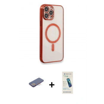 MARSİLYAN™- iPhone 13 Pro Max Kılıf Doruk Minimal - Şeffaf Pasifik Cam Ekran Koruyucu + Renkli Kamera Lens Koruma Cam - PE