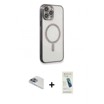 MARSİLYAN™- iPhone 13 Pro Max Kılıf Doruk Minimal - Şeffaf Pasifik Cam Ekran Koruyucu + Pers Alüminyum Kamera Lens - SABE
