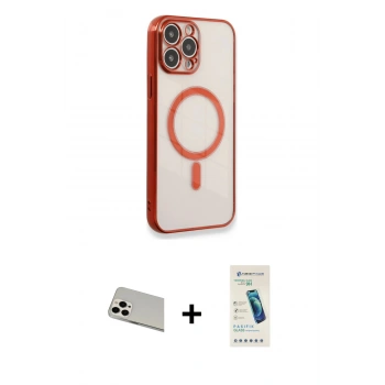 MARSİLYAN™- iPhone 13 Pro Max Kılıf Doruk Minimal - Şeffaf Pasifik Cam Ekran Koruyucu + Rainbow Kamera Lens Koruma Cam - BZ