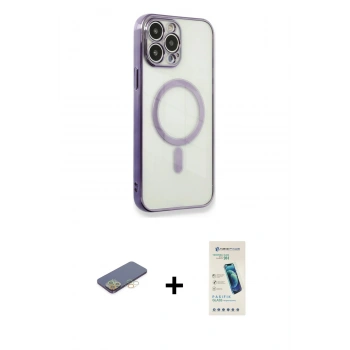 MARSİLYAN™- iPhone 13 Pro Max Kılıf Doruk Minimal - Şeffaf Pasifik Cam Ekran Koruyucu + Renkli Kamera Lens Koruma Cam - SI