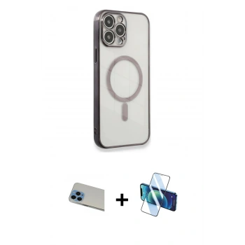 MARSİLYAN™- iPhone 13 Pro Max Kılıf Doruk Minimal - Siyah 3D Antistatik Cam Ekran Koruyucu + Rainbow Kamera Lens Koruma Cam - MI