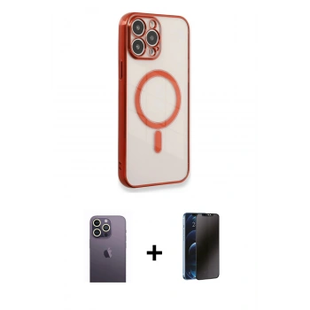 MARSİLYAN™- iPhone 13 Pro Max Kılıf Doruk Minimal - Siyah 3D Antistatik Hayalet Cam Ekran Koruyucu + Neon Fosforlu Kamera Lens - BZ