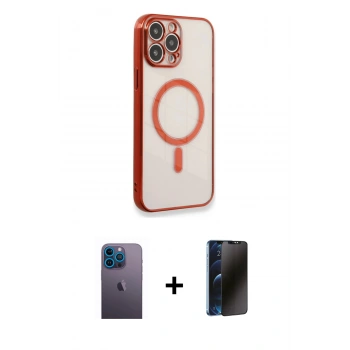 MARSİLYAN™- iPhone 13 Pro Max Kılıf Doruk Minimal - Siyah 3D Antistatik Hayalet Cam Ekran Koruyucu + Neon Fosforlu Kamera Lens - MI