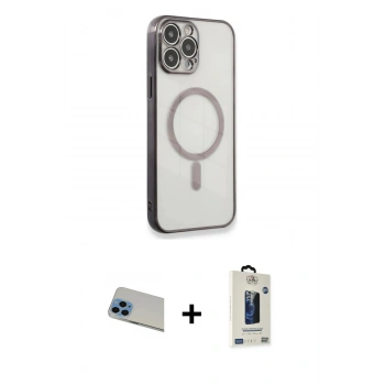 MARSİLYAN™- iPhone 13 Pro Max Kılıf Doruk Minimal - Siyah Bilvis Hayalet Cam Ekran Koruyucu + Rainbow Kamera Lens Koruma Cam - MI