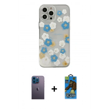 MARSİLYAN™- iPhone 13 Pro Max Kılıf Eksen Asil Prime - Siyah 18D Cam Ekran Koruyucu + Neon Fosforlu Kamera Lens - MI